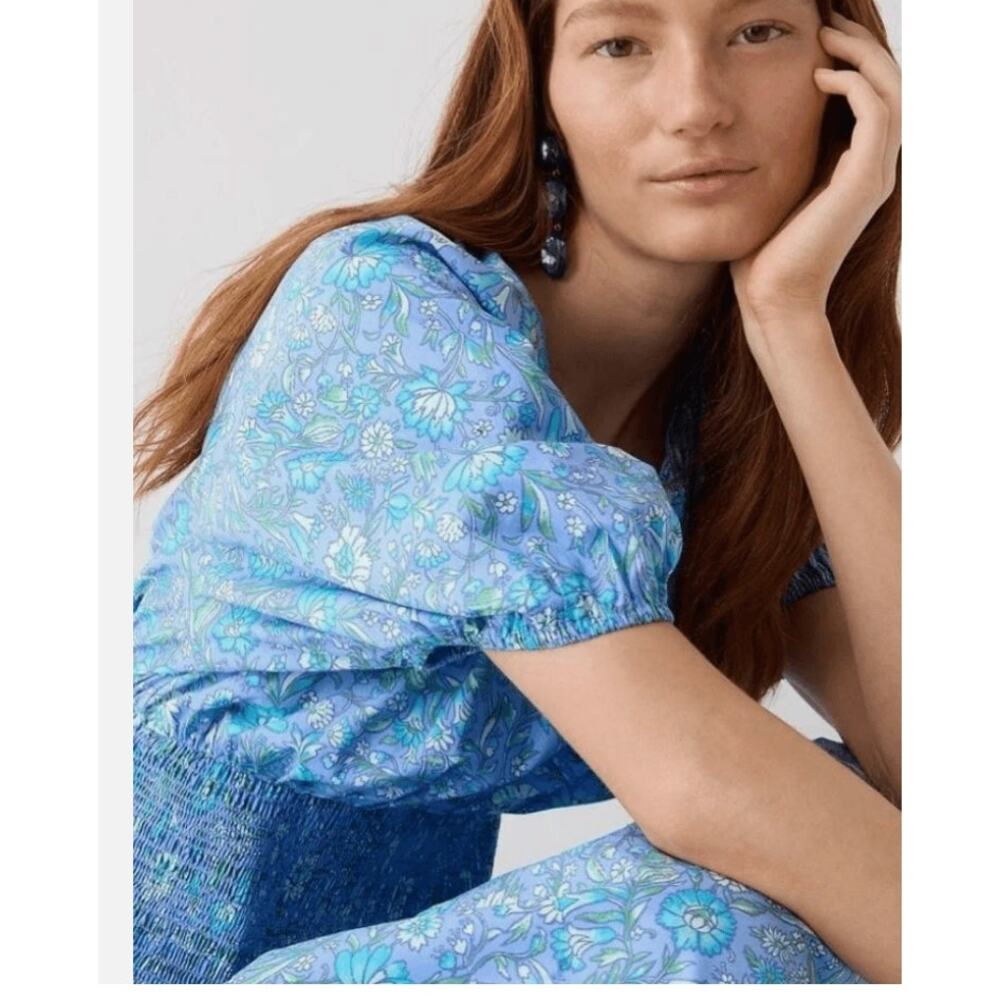 J.CREW Women's Provence Floral Dress MEDIUM Blue Smocked Waist Midi 100% Cotton - Picture 3 of 13